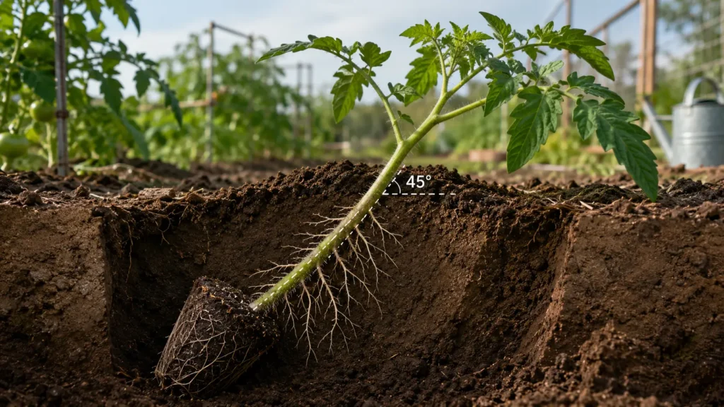 Plant de tomate repiqué à 45 degrés avec tige enterrée et nouvelles racines pour un enracinement puissant